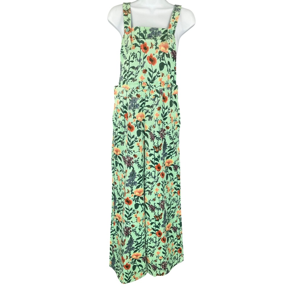 Cider Green Floral Garden‎ Wide Leg Corduroy Jumpsuit Bib Overalls Womens Sz XS